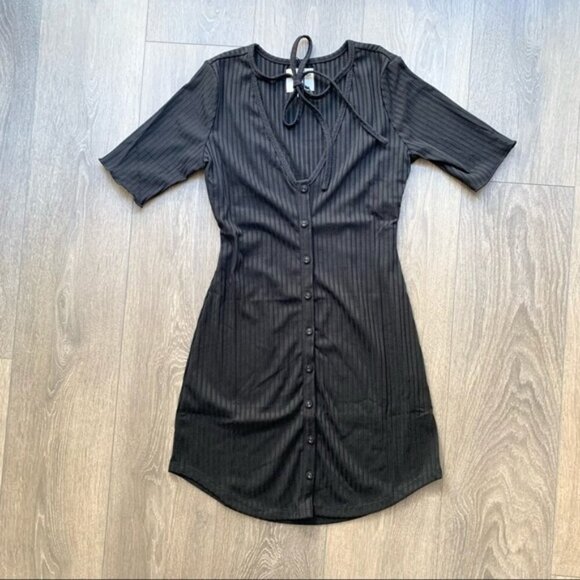 Revolve Privacy Please Prentiss Mini Dress Bodycon Rib Knit Tie detail Black XS - Picture 4 of 14